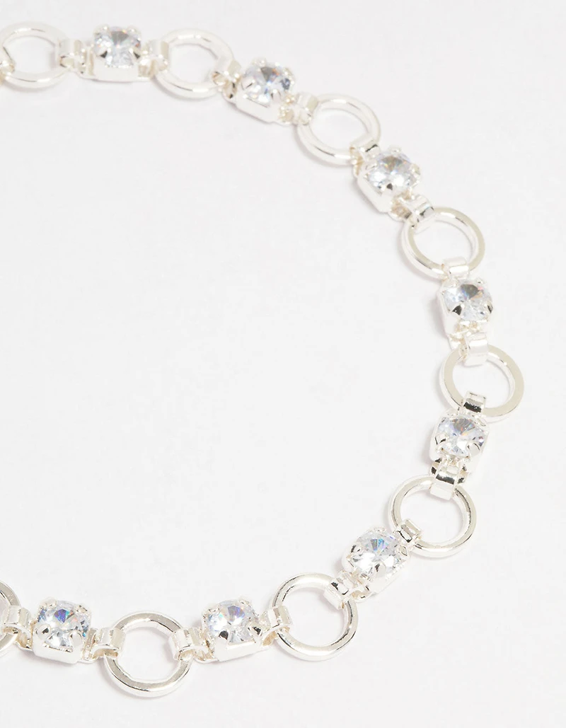 Silver Plated Brass Cubic Zirconia Alternating Link Bracelet