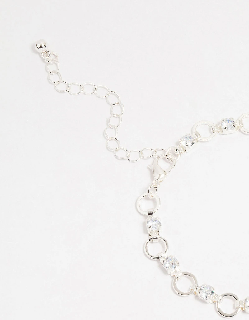 Silver Plated Brass Cubic Zirconia Alternating Link Bracelet