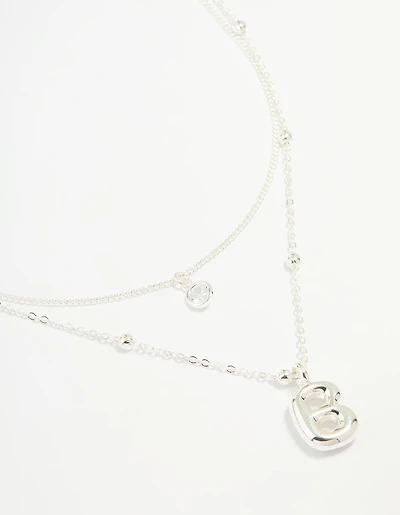 Silver Plated Cubic Zirconia & Bubble Letter B Layered Necklace