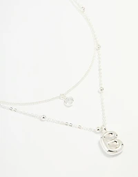 Silver Plated Cubic Zirconia & Bubble Letter B Layered Necklace