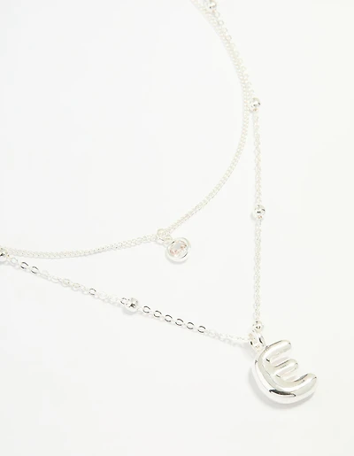 Silver Plated Cubic Zirconia & Bubble Letter E Layered Necklace