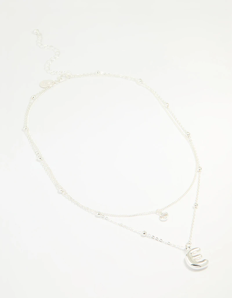 Silver Plated Cubic Zirconia & Bubble Letter E Layered Necklace