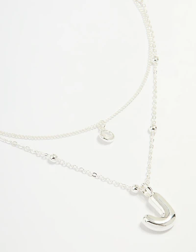 Silver Plated Cubic Zirconia & Bubble Letter J Layered Necklace