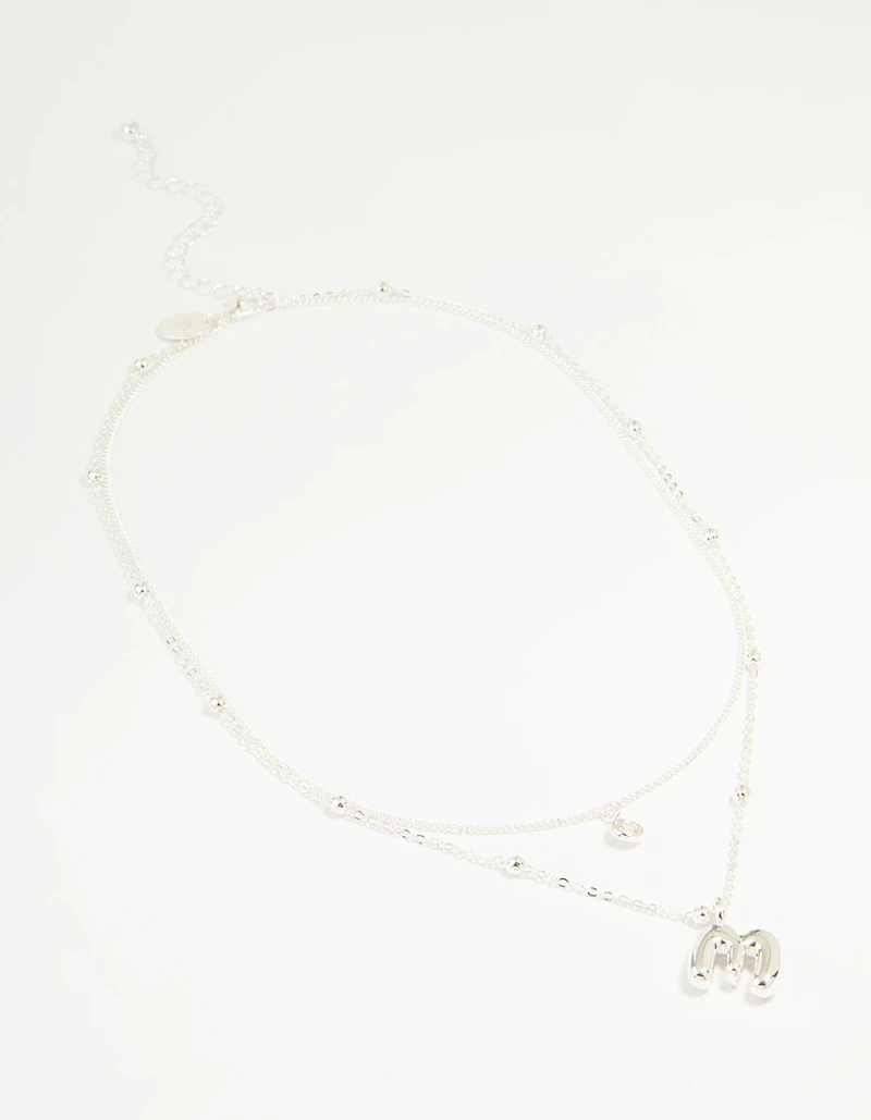 Silver Plated Cubic Zirconia & Bubble Letter M Layered Necklace