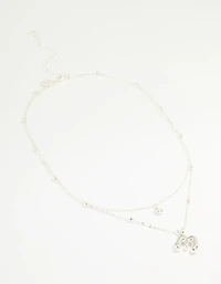 Silver Plated Cubic Zirconia & Bubble Letter M Layered Necklace