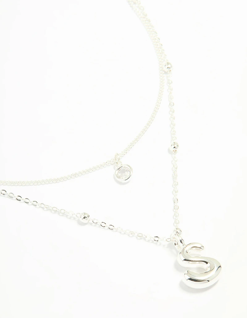 Silver Plated Cubic Zirconia & Bubble Letter L Layered Necklace