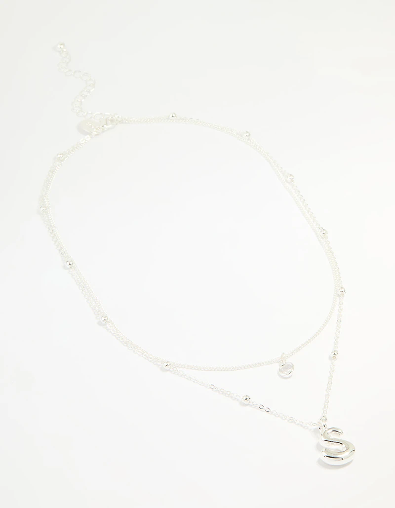 Silver Plated Cubic Zirconia & Bubble Letter L Layered Necklace
