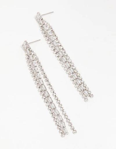 Silver Diamante Baguette Cupchain Drop Earrings
