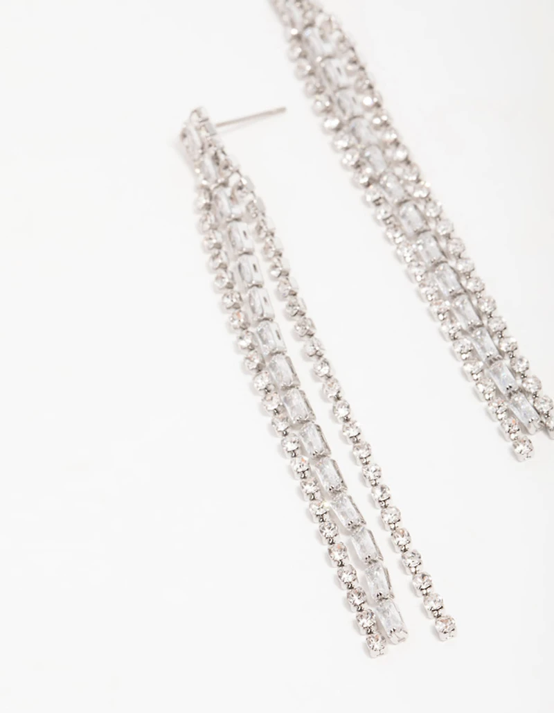 Silver Diamante Baguette Cupchain Drop Earrings