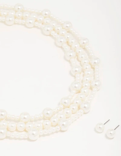 Silver Pearl Layered Necklace & Earrings Set