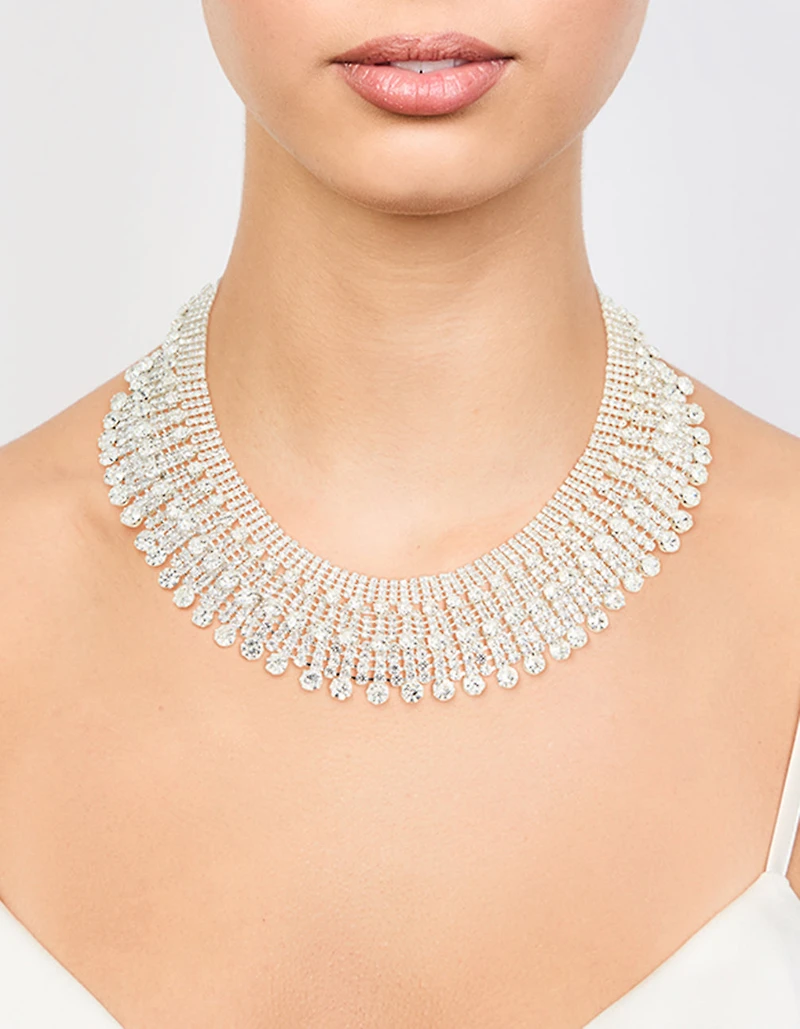Silver Diamante Fan Cupchain Bib Necklace
