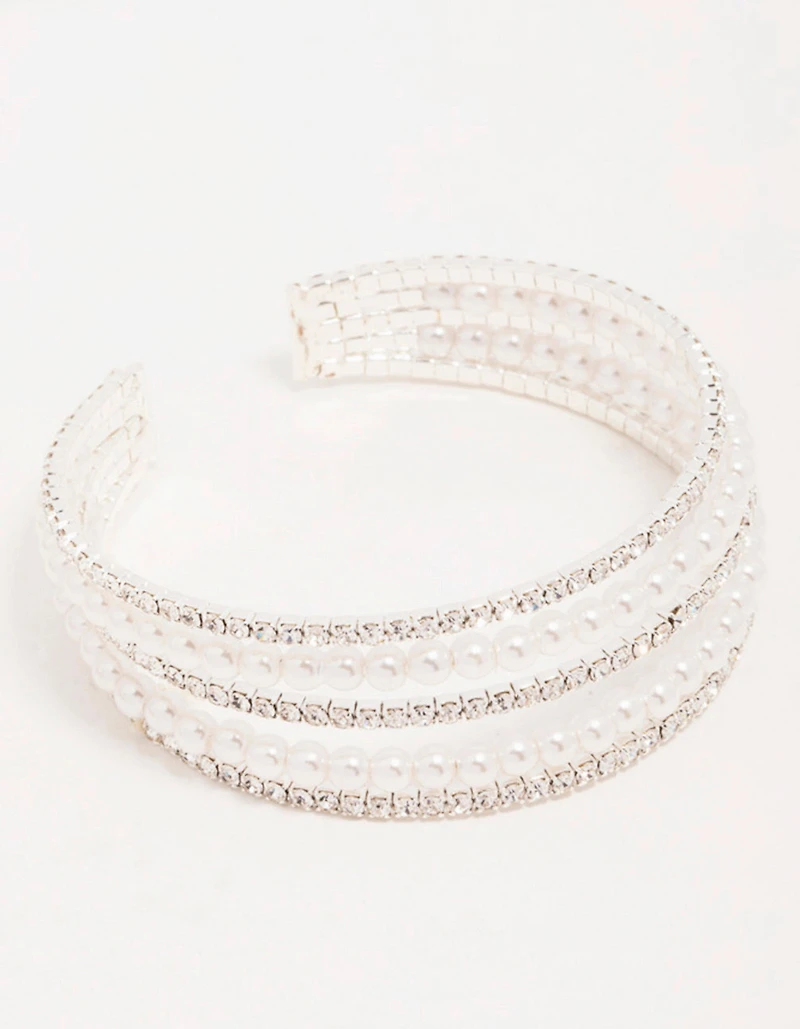 Silver Diamante & Pearl Alternating Cupchain Wrist Cuff