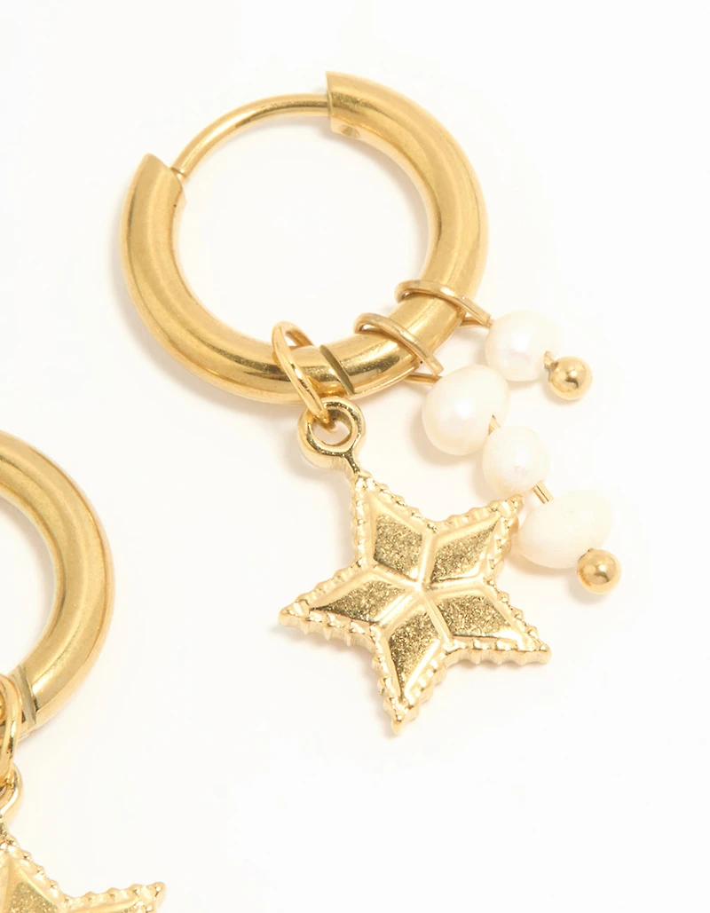 Waterproof Gold Plated Stainless Steel Pearl Star Huggie Earrings