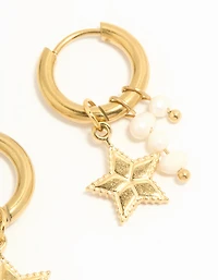 Waterproof Gold Plated Stainless Steel Pearl Star Huggie Earrings