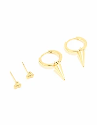 Waterproof Gold Plated Stainless Steel Dagger Huggie & Stud Earrings 2-Pack