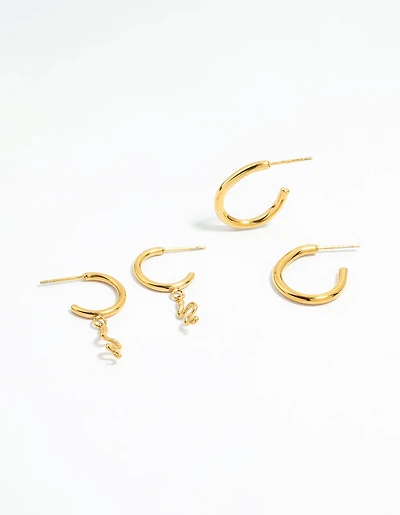 Waterproof Gold Plated Stainless Steel Sleek & Snake Charm Hoop Earrings 2-Pack