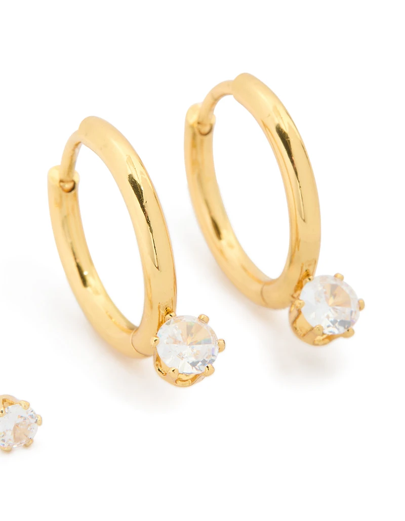 Waterproof Gold Plated Stainless Steel Mini Cubic Zirconia Earrings 2-Pack
