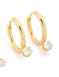 Waterproof Gold Plated Stainless Steel Mini Cubic Zirconia Earrings 2-Pack
