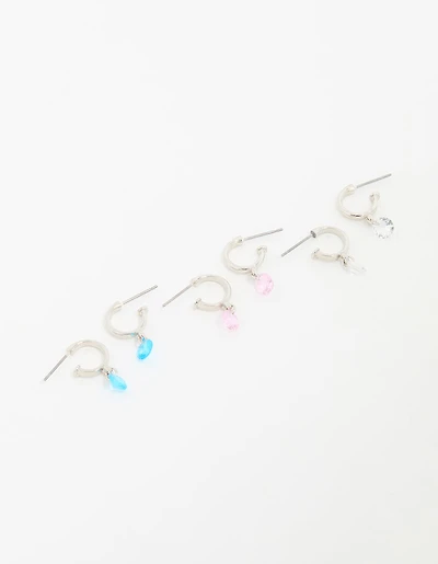 Silver Mixed Stone Huggie Hoop Earrings 3-Pack