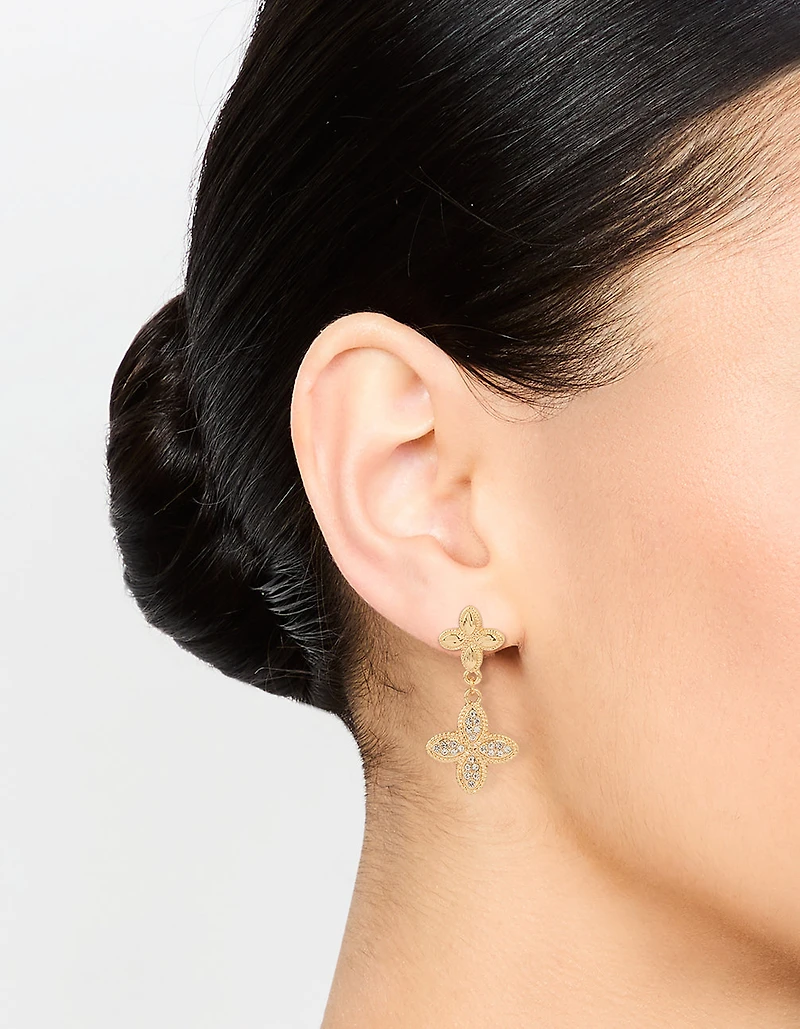 Gold Diamante Double Flower Drop Earrings