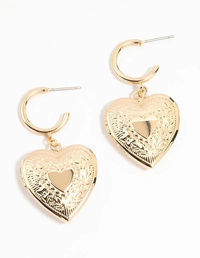 Gold Heart Locket Drop Earrings
