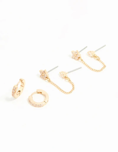 Gold Cubic Zirconia Chain & Flower Huggie Earrings 2-Pack