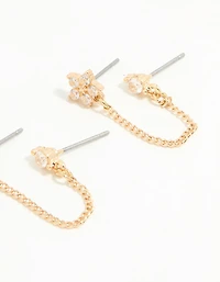 Gold Cubic Zirconia Chain & Flower Huggie Earrings 2-Pack