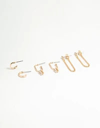 Gold Diamante Chain & Hoop Earrings 3-Pack