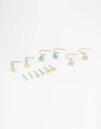Gold Starfish & Shell Mixed Earrings 6-Pack