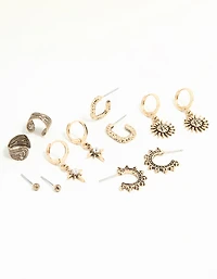 Antique Gold Sun & Star Huggie & Stud Earrings 6-Pack