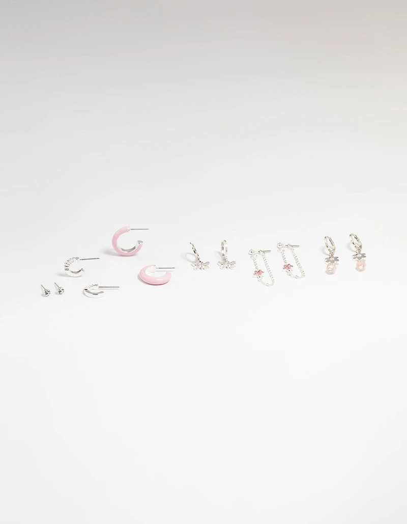 Silver Flower & Butterfly Mixed Earring Stack 6-Pack