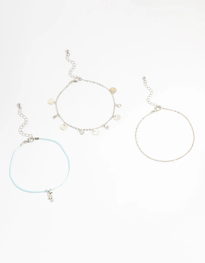 Silver Genuine Shell Seahorse Anklets 3-Pack