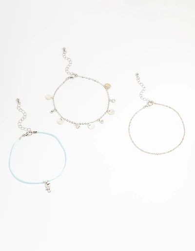 Silver Genuine Shell  Seahorse  Anklets 3-Pack