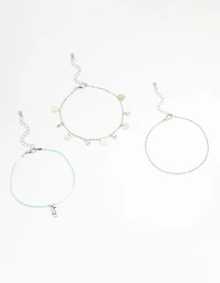 Silver Genuine Shell  Seahorse  Anklets 3-Pack