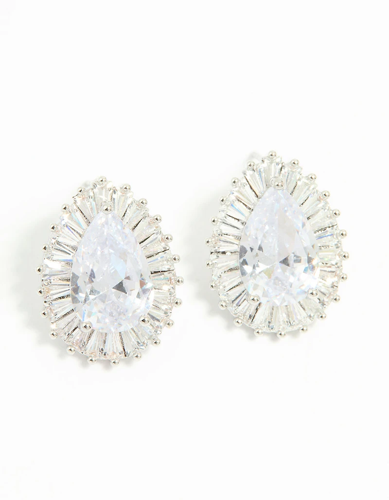 Silver Cubic Zirconia Pear Statement Stud Earrings