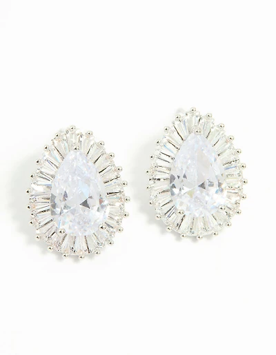 Silver Cubic Zirconia Pear Statement Stud Earrings