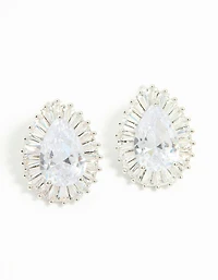 Silver Cubic Zirconia Pear Statement Stud Earrings