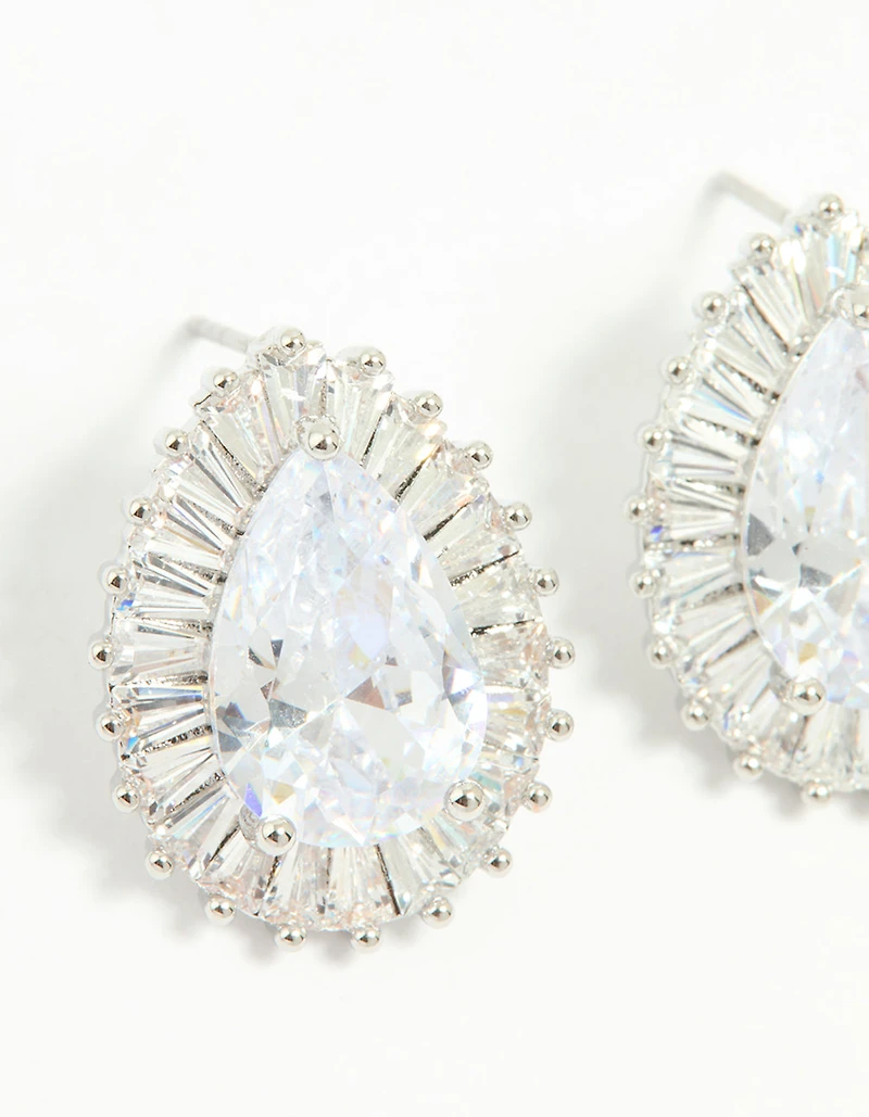 Silver Cubic Zirconia Pear Statement Stud Earrings