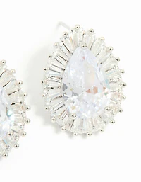 Silver Cubic Zirconia Pear Statement Stud Earrings