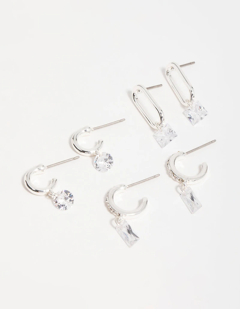 Silver Cubic Zirconia Mixed Shape Drop Earrings 3-Pack