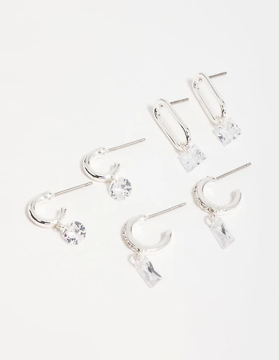 Silver Cubic Zirconia Mixed Shape Drop Earrings 3-Pack