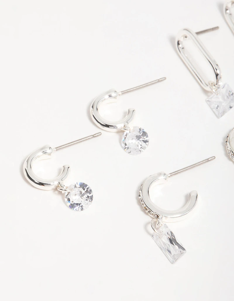 Silver Cubic Zirconia Mixed Shape Drop Earrings 3-Pack