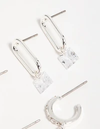 Silver Cubic Zirconia Mixed Shape Drop Earrings 3-Pack