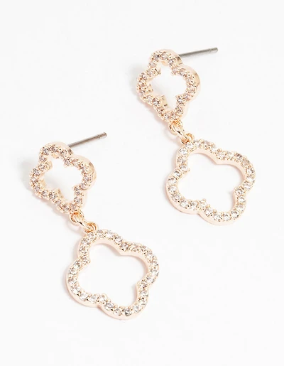 Boucles d'oreilles pendantes double fleur en zircon cubique plaqué or rose