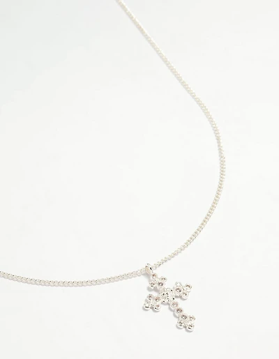 Silver Plated Diamante Rose Cross Pendant Necklace