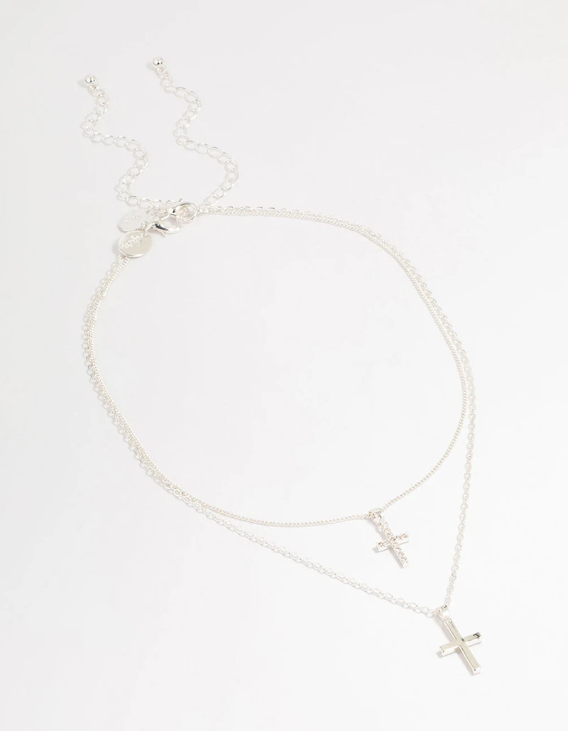 Silver Plated Cubic Zirconia & Plain Cross Layered Necklace