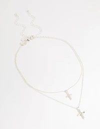 Silver Plated Cubic Zirconia & Plain Cross Layered Necklace
