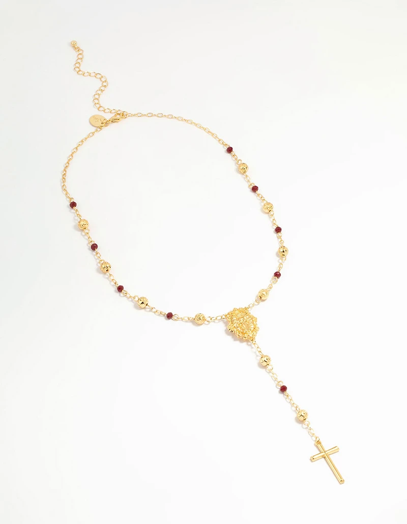 Gold Plated Rose Beaded Locket Cross Y-Necklace
