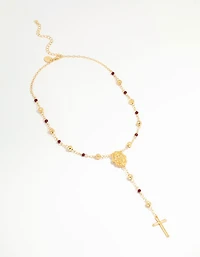 Gold Plated Rose Beaded Locket Cross Y-Necklace