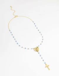 Gold Plated Blue Beaded Heart Locket & Cross Y-Necklace